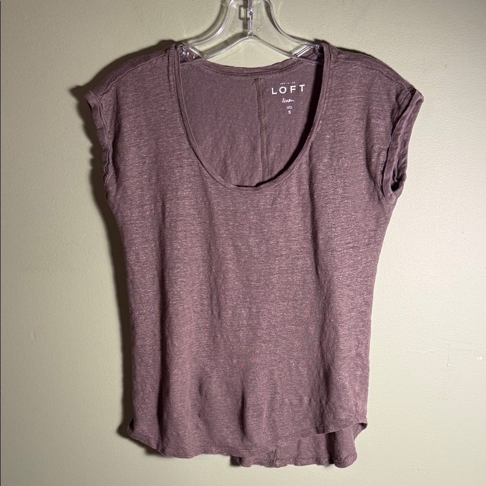 LOFT Brown Linen Sparkle Scoop Neck Cap Sleeve Tee S